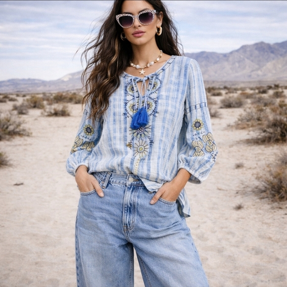 None Tops - new EMBROIDERED Tassel TIE NECK PEASANT TOP blue/cream stripe Boho NWT Sz S